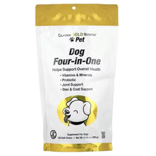 Pet dog soft chews pouch front, gold and white, Four-in-One label and health icons