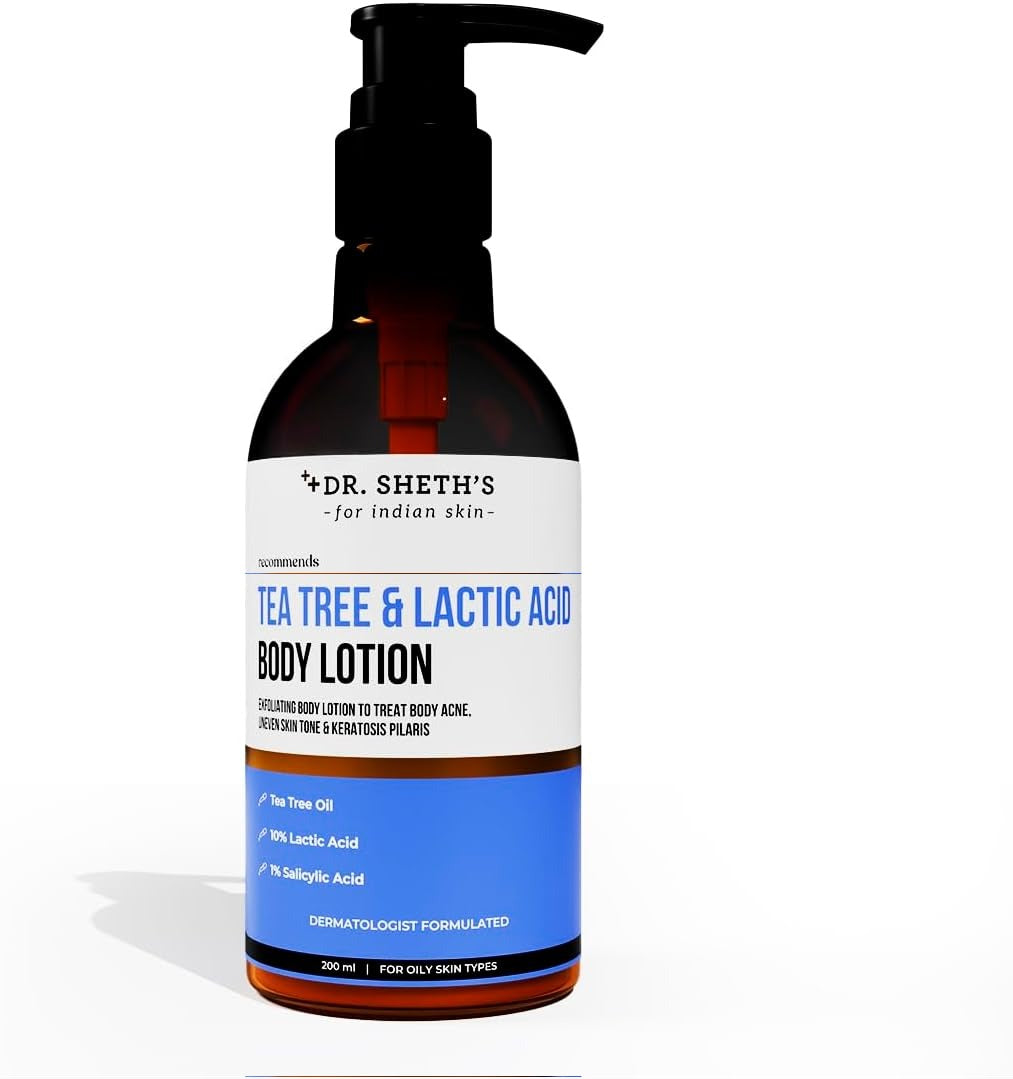 Dr. Sheth’s Tea Tree & Lactic Acid Body Lotion with Salicylic Acid & Liquorice Extract | Exfoliating Body Lotion for Body Acne & Uneven Skin Tone | Moisturizing Lotion for Skin Smoothness, 200ml