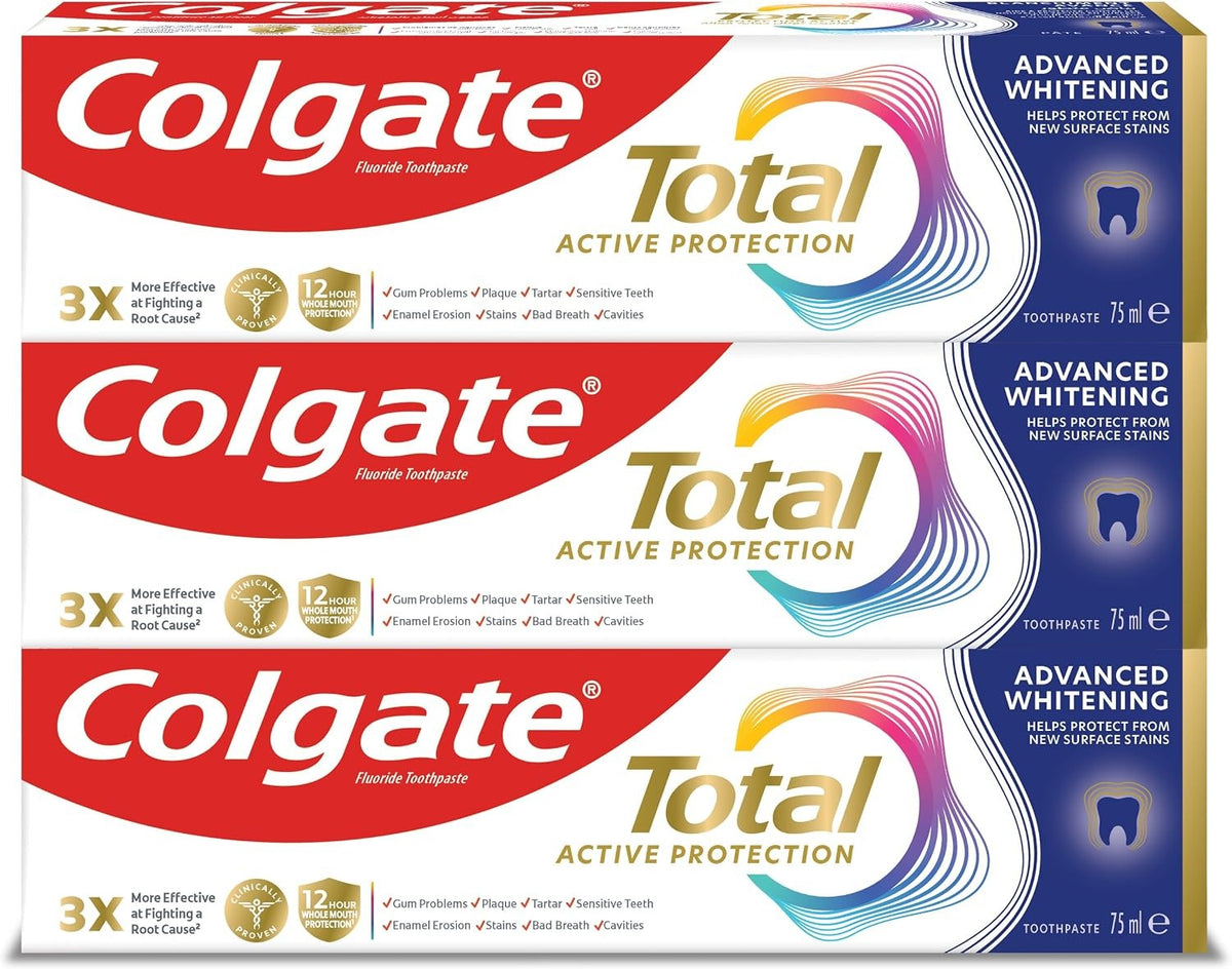 Colgate Total Active Prevention, toothpaste, Advanced Whitening, Helps prevent new surface stains, 3x75ml (Packaging may vary)