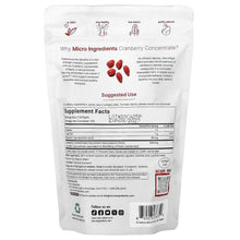 Cranberry concentrate supplement pouch back with Supplement Facts and barcode