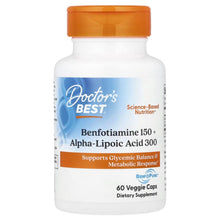White supplement bottle with orange cap, Benfotiamine 150 + Alpha-Lipoic Acid 300 label