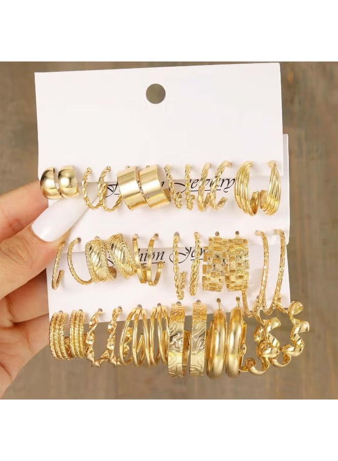 Huitich- 18-Pair Gold Color Tone Hoop Earrings Set