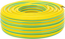 Coiled yellow and green 1/2-inch PVC garden hose, flexible tubing for water use