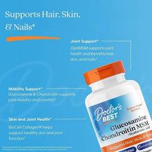 Glucosamine supplement bottle with orange cap and callouts for hair, skin, and nails
