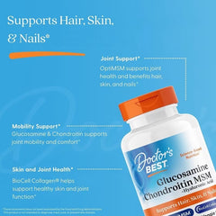 Glucosamine supplement bottle with orange cap and callouts for hair, skin, and nails