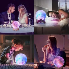 Glowing galaxy moon lamp on wooden stand, shown in a home setting