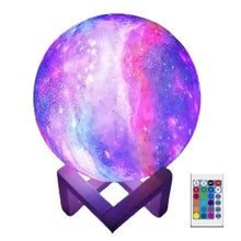 Galaxy moon lamp with purple-blue glow on wooden stand, remote control included