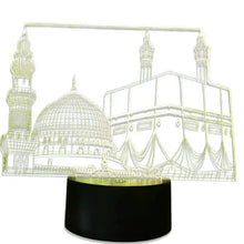 3D LED Makkah Madina night light lamp with black base and glowing white skyline design