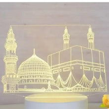 3D LED Makkah Madina night light lamp with white base, glowing skyline in soft yellow