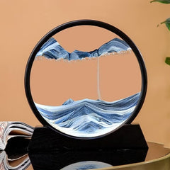 Huitich 3D moving sand art picture with blue and white sand in circular black frame on black stand