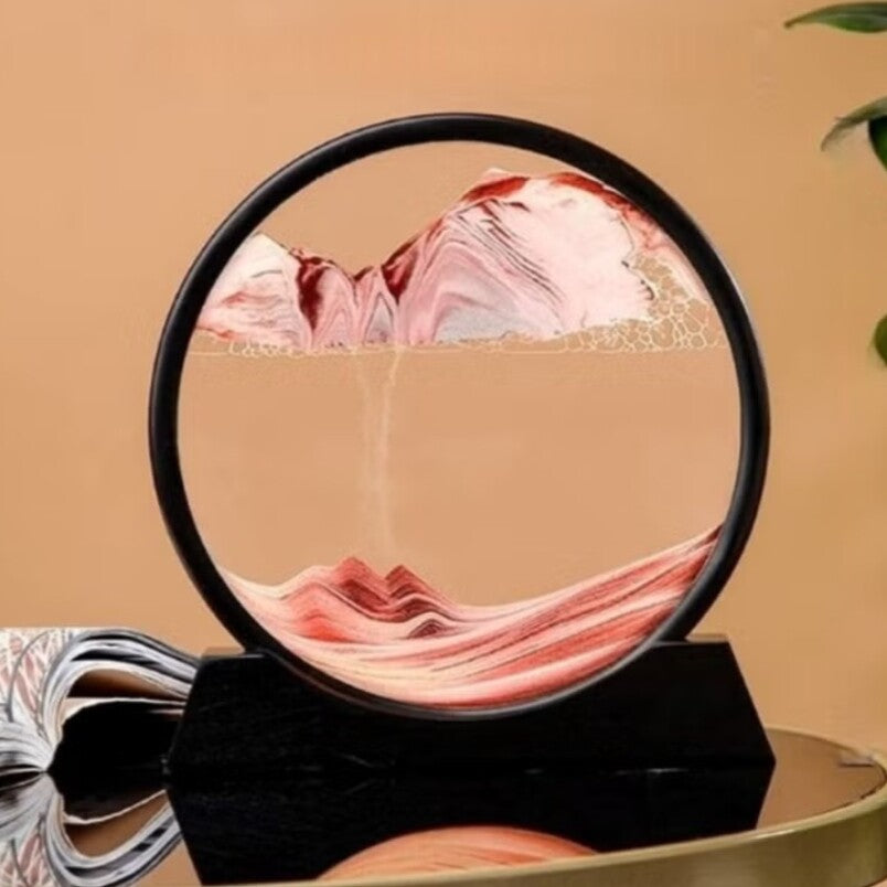 Huitich 3D moving sand art picture with flowing red and white sand in a circular frame on black stand