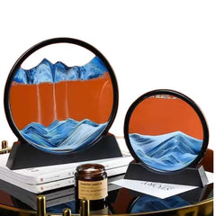 Huitich 3D moving sand art picture with blue and orange sand in round black frame on stands