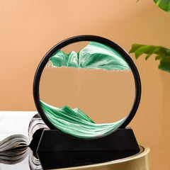 Huitich 3D moving sand art picture with green sand flowing inside a round black frame artwork