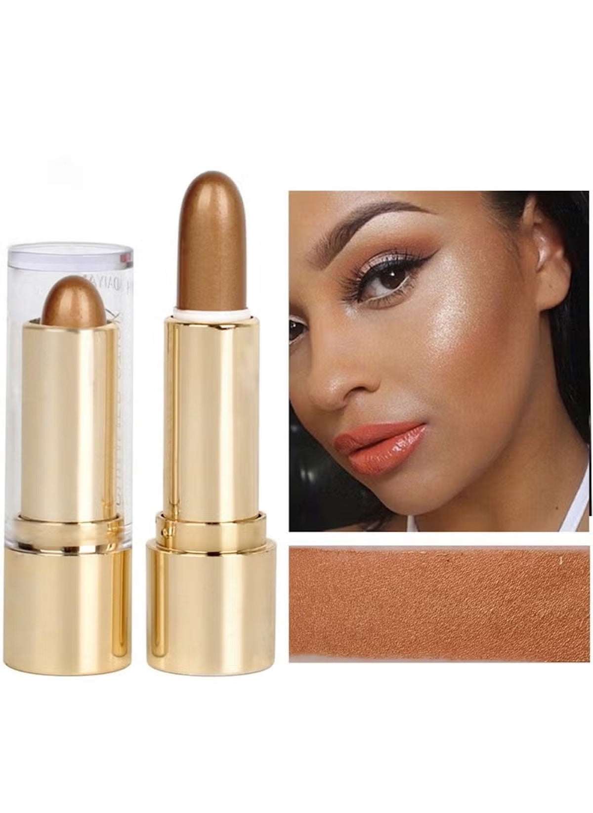 Huitich 3D pearlescent contour stick highlighter in gold tone with swatch and applied on model's cheek