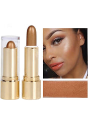 Huitich 3D pearlescent contour stick highlighter in gold tone with swatch and applied on model's cheek