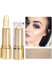 Huitich 3D pearlescent contour stick highlighter in gold packaging with swatch and model showing glowing skin