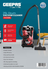 Geepas 25L drum vacuum cleaner with hose and floor nozzle, dust full indicator
