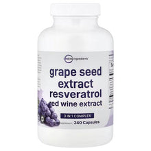 Grape seed extract resveratrol supplement bottle, 240 capsules with grape label