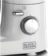 Stand mixer base closeup with speed dial and Black+Decker logo