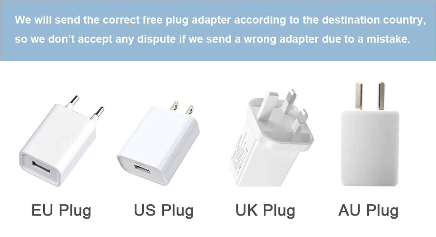 Adaptable plug options for kids tablet 7 inch android including EU, US, UK, and AU plugs.