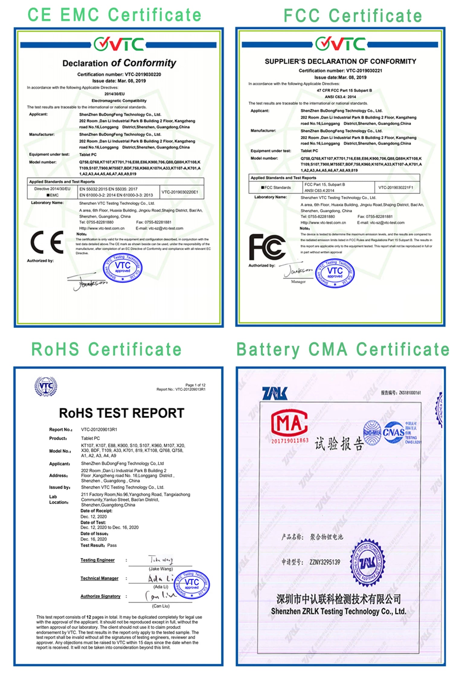 Certificates for Mumzar kids tablet 7 inch android ensuring safety and compliance standards