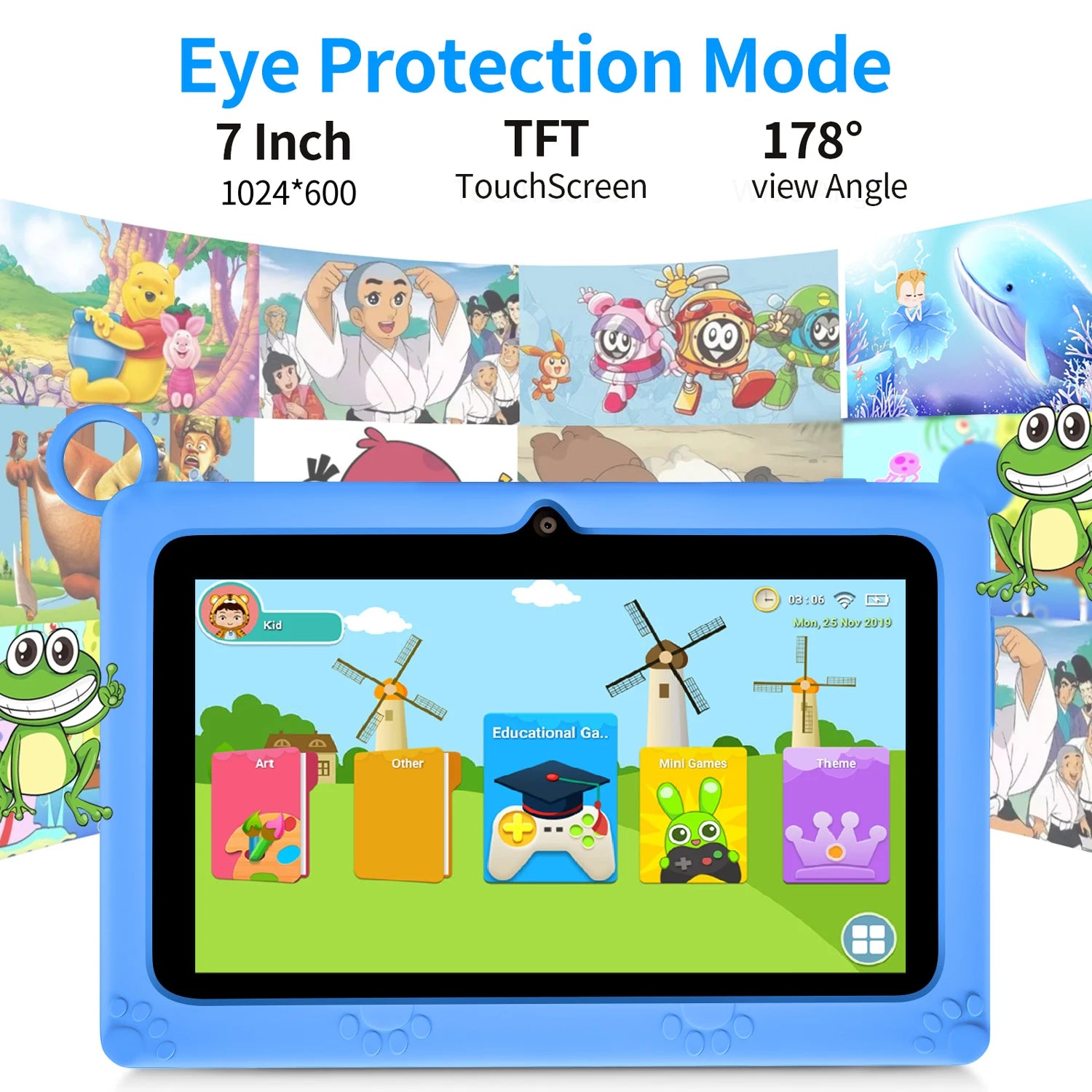 Mumzar 7 inch Android kids tablet featuring a colorful screen and eye protection mode for safe viewing