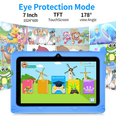 Mumzar 7 inch Android kids tablet featuring a colorful screen and eye protection mode for safe viewing