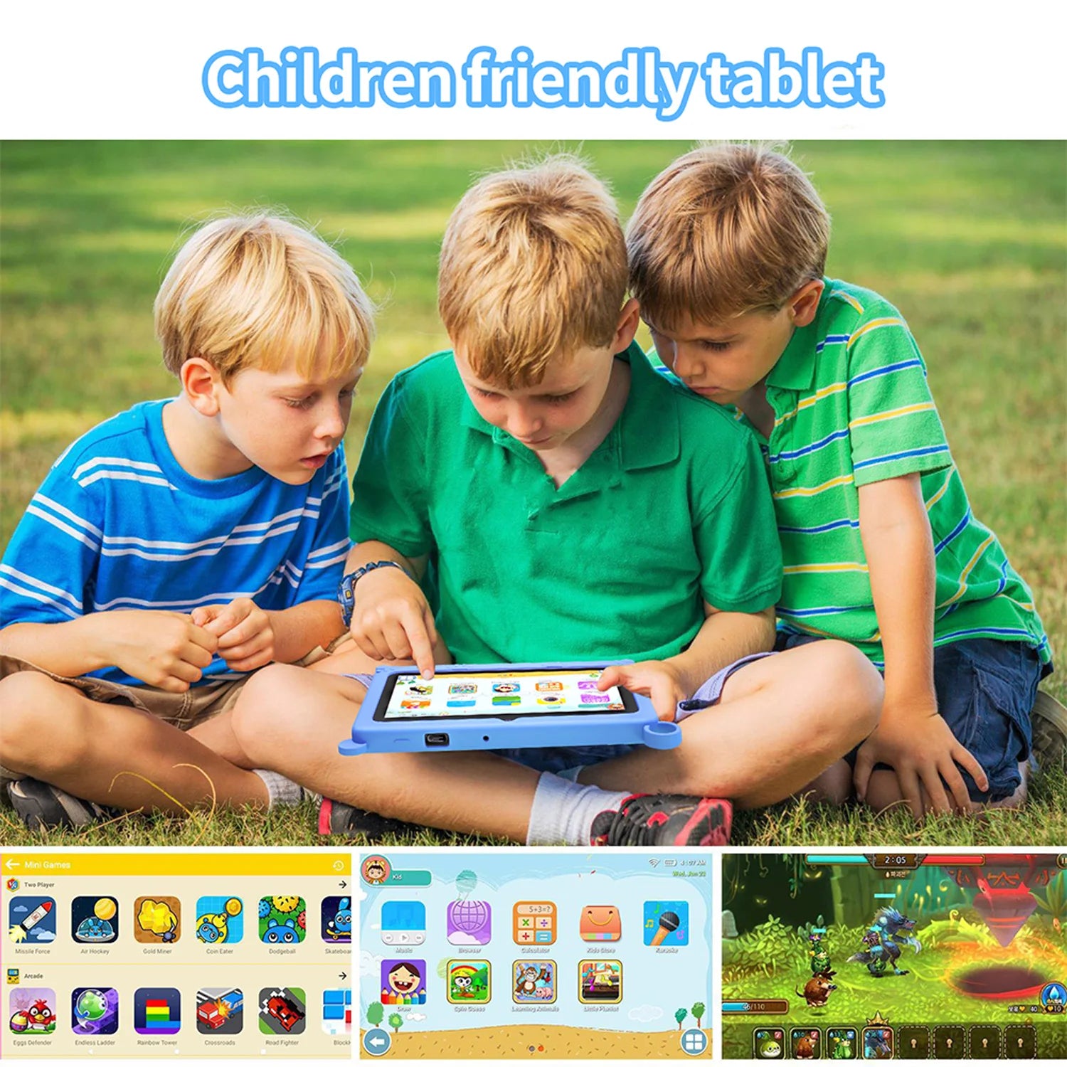 Mumzar kids tablet 7 inch android with colorful apps being enjoyed by three children outdoors