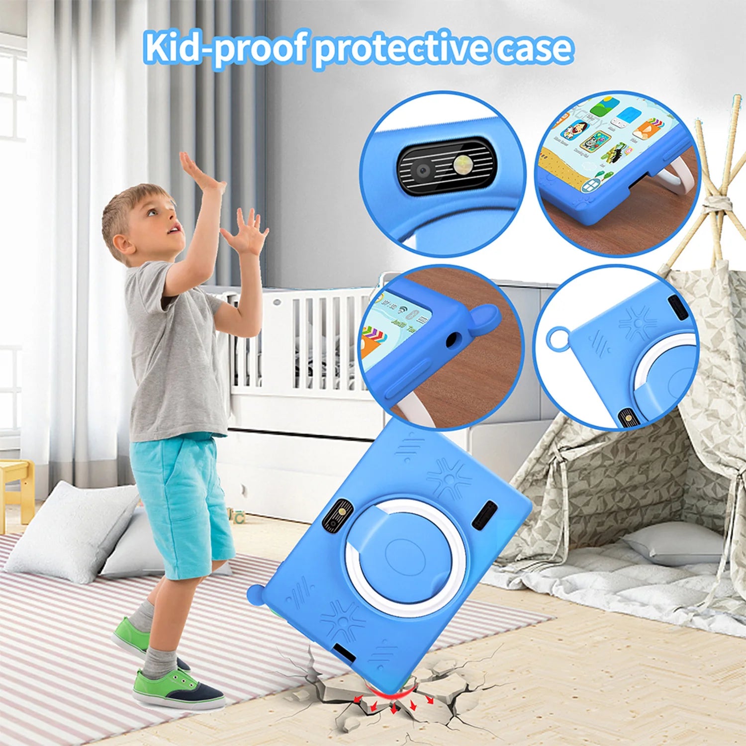 Kids tablet 7 inch android in a blue kid-proof case, perfect for young users and durable playtime
