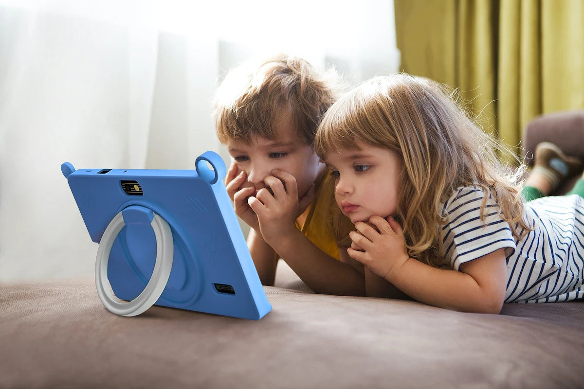 Two children watching content on a 7 inch Android kids tablet with a blue protective case