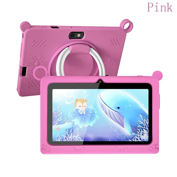 Kids tablet 7 inch android in pink case with ring holder, perfect for young children