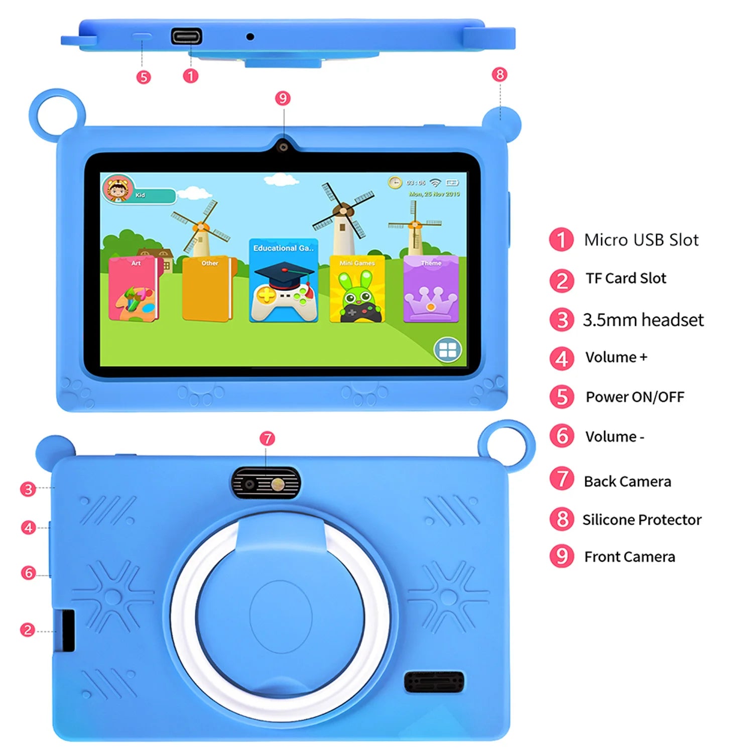 Mumzar kids tablet 7 inch android in blue with educational games and durable design for children