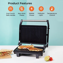 Stainless steel grill sandwich maker with open non-stick plates and hinged lid