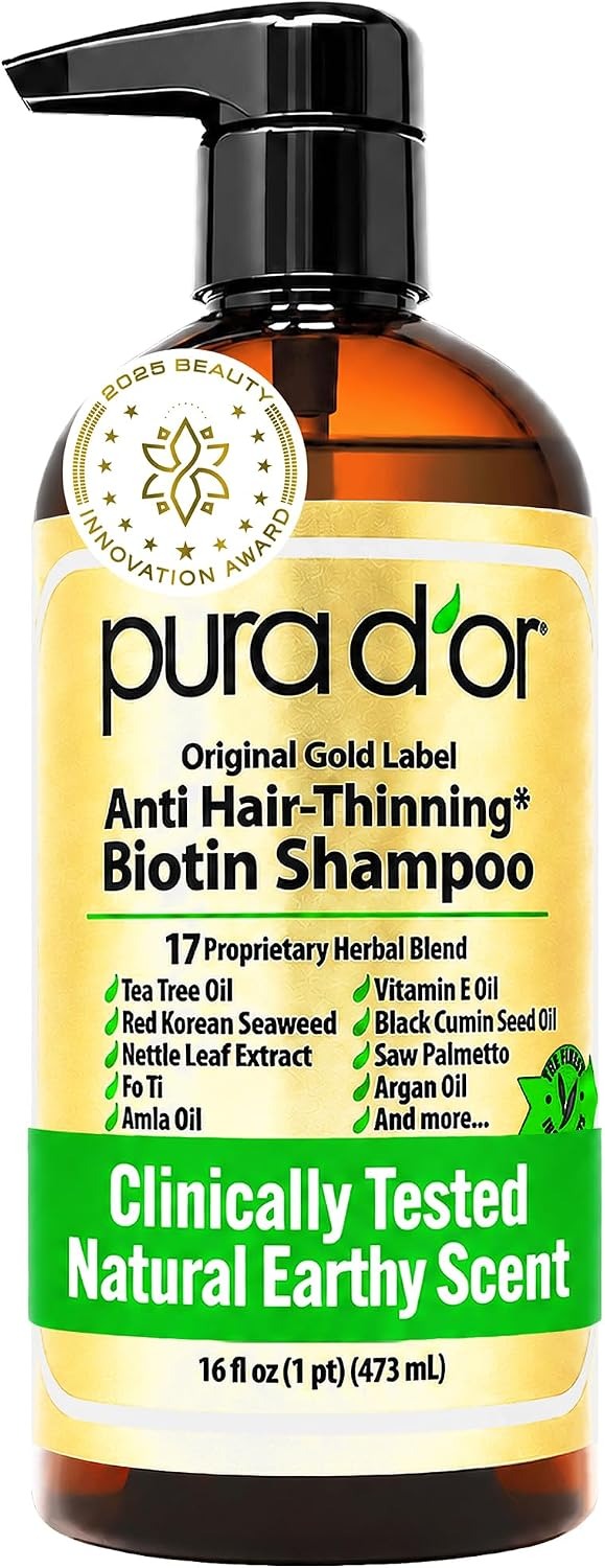pura d'or Original Gold Label Anti-Thinning Shampoo Clinically Tested, Infused with Argan Oil, Biotin & Natural Ingredients, Sulfate Free, All Hair Types, Men and Women, 16 Fl Oz (Packaging may vary)
