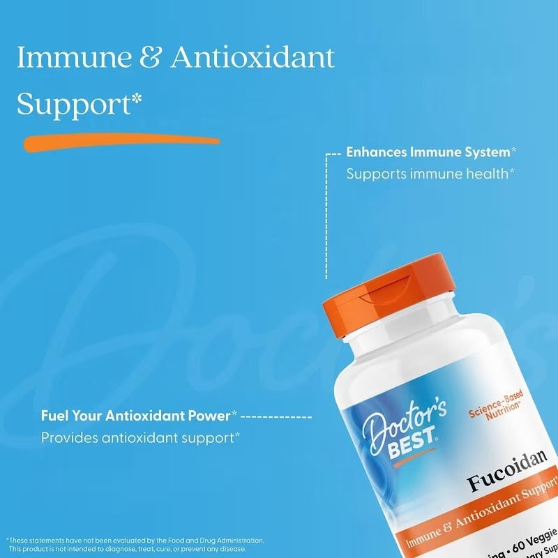 Fucoidan supplement bottle with orange cap, Immune & Antioxidant Support badge