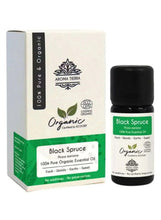 Organic Black Spruce essential oil bottle with green-and-white label and cap