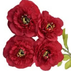 Huitich 4 head peony artificial flowers pack with vibrant red blooms and green leaves