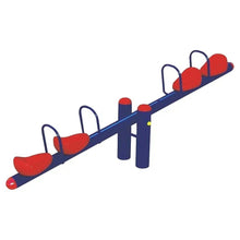 Kids metal 4-seat seesaw with blue frame, red seats, and dark hand grips
