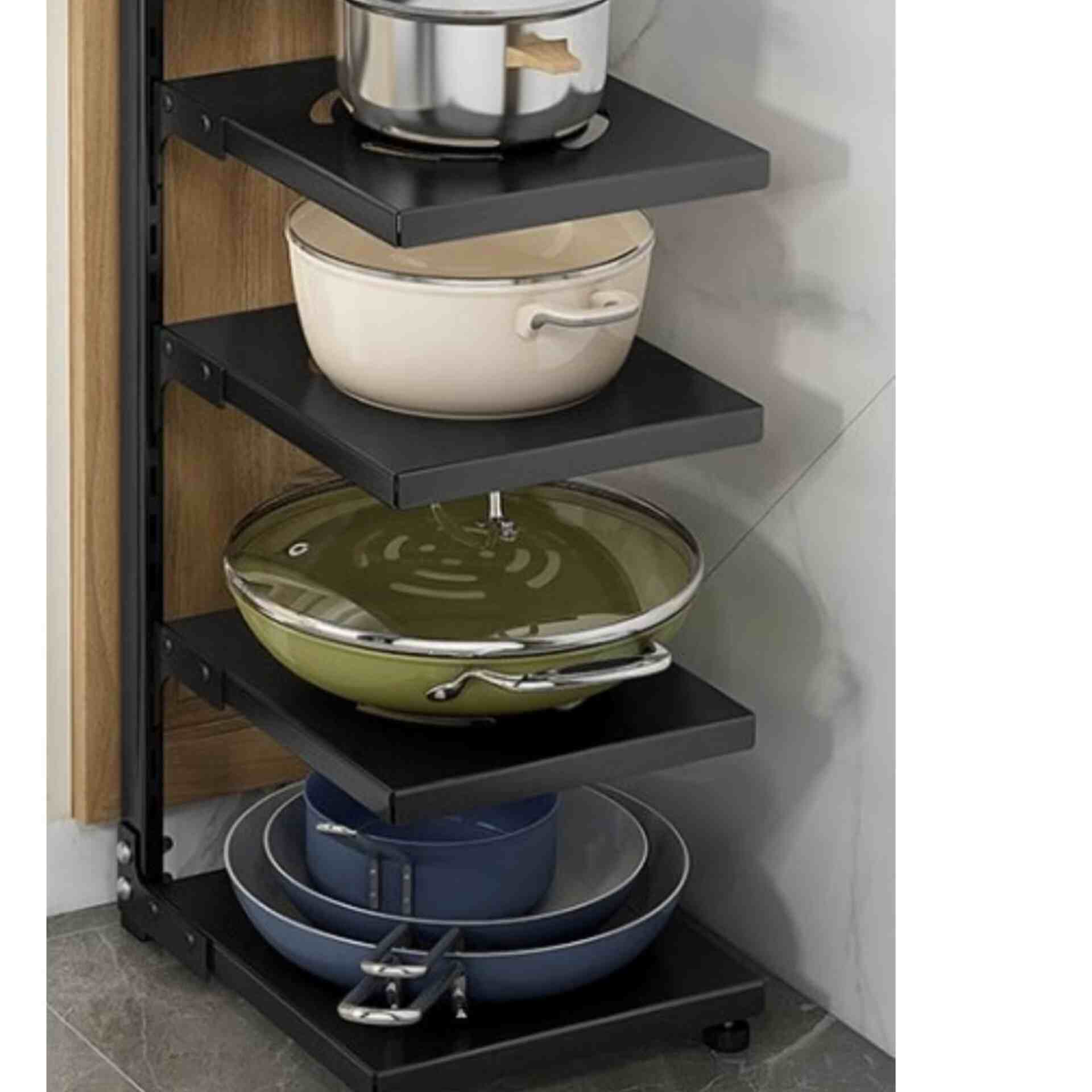 Huitich 4 tier kitchen rack black metal shelving unit holding pots and pans