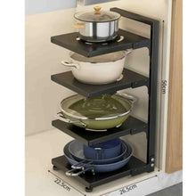 Black steel 4-tier kitchen rack holding pots and pans on flat shelves