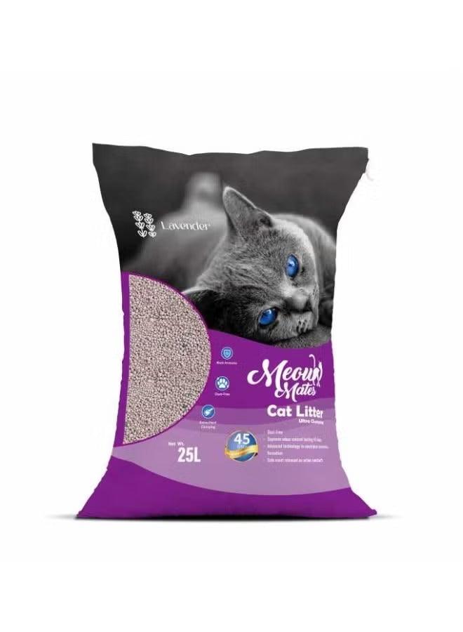 Cat litter bag, purple lavender scent, with cat graphic and 25L marking, Meow Mates.