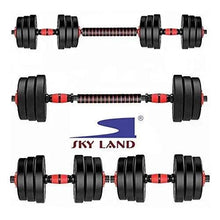 Adjustable dumbbell and barbell set with black plates and red-striped connecting bar
