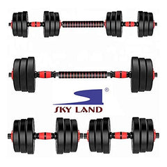 Juego de mancuernas y barra SKY LAND 2 en 1 con discos de peso ajustables de 20 kg, placas con revestimiento duradero y biela para entrenamiento de fuerza – Juego de mancuernas de 20 kg EM-9269-20