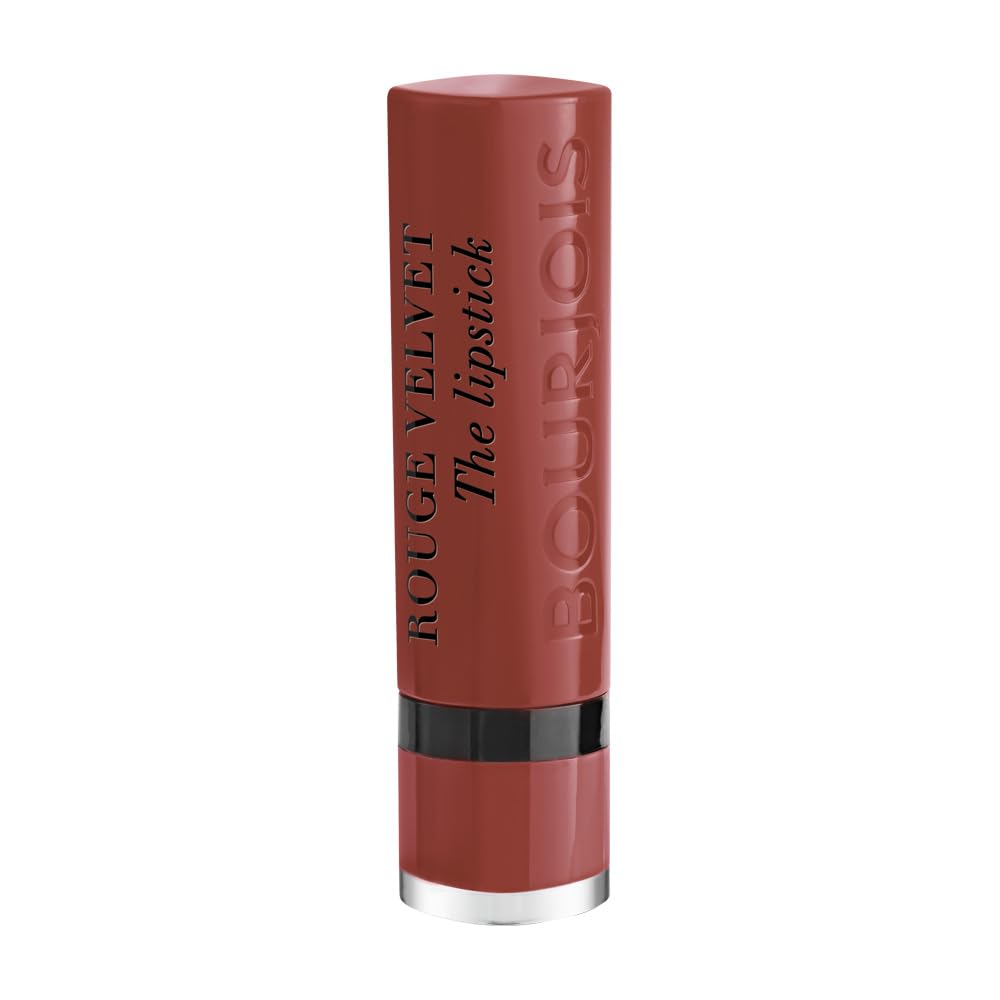 Bourjois Rouge Velvet Lipstick in a rich muted red shade with sleek packaging