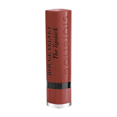 Bourjois Rouge Velvet Lipstick in a rich muted red shade with sleek packaging