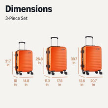 Orange hardside spinner luggage set showing three sizes with telescoping handles