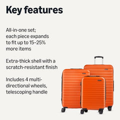 Amazon Basics - Juego de 3 maletas rígidas con ruedas (55, 68 y 78 cm) - Material: ABS, color naranja