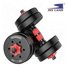 Adjustable dumbbell set with black weight plates and red collar accents, plus connecting bar