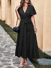 Black V-neck wrap maxi dress with tie belt and tiered skirt, short flutter sleeves