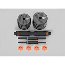 Adjustable barbell weights with stacked dark gray plates, orange rings, and handle